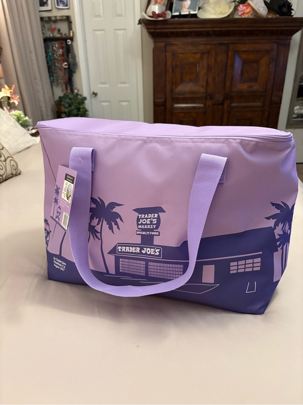 NWT Trader Joe’s Purple Lavender Thermal Tote Palm Trees Hippie Van 8 Gal